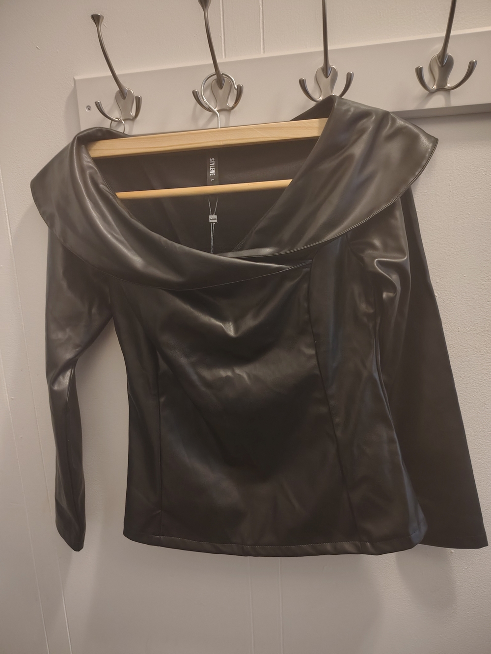 Off-Shoulder Faux Leather Jacket in Black